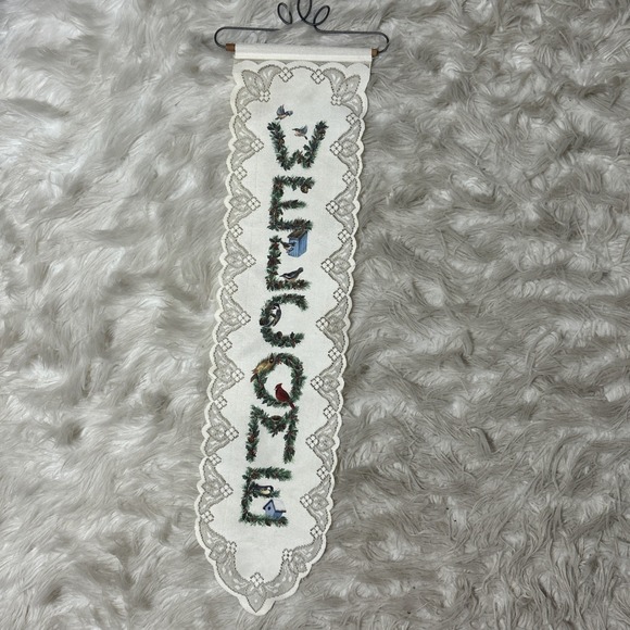 The Unbranded Brand Other - Welcome Red Cardinal Bird Door Hanger Wall Lace Nature Holly Berry Granny 33"x8"